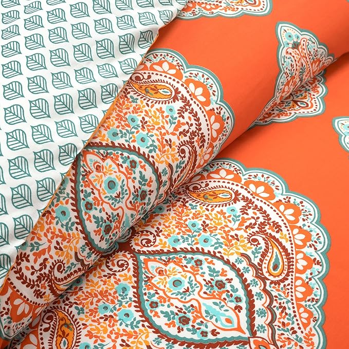 Lush Decor Harley Reversible Cotton Duvet Cover Queen Size 3 Piece Set Full/Queen Tangerine - Boho Bedding Set Queen Duvet Covers - Boho Bedroom Decor