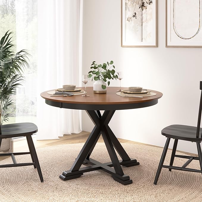 Bush Home Round Dining Table, 45 inch Trestle Design, Modern Transitional, West End Collection, Dark Brown and Black