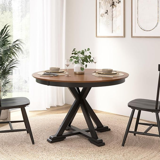 Bush Home Round Dining Table, 45 inch Trestle Design, Modern Transitional, West End Collection, Dark Brown and Black
