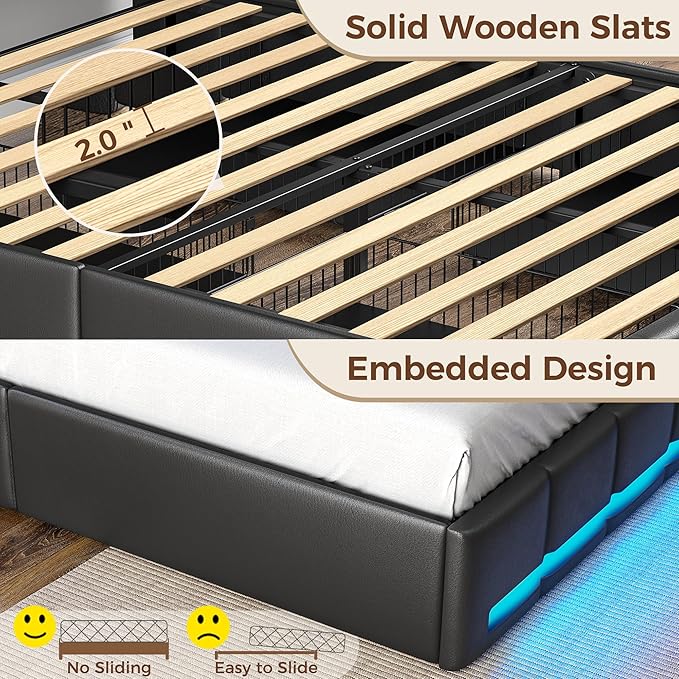 Rolanstar Twin Size Bed Frame with LED Lights and Charging Station, PU Leather Bed Storage Headboard & Drawers, Heavy Duty Wood Slats, Easy Assembly, Black
