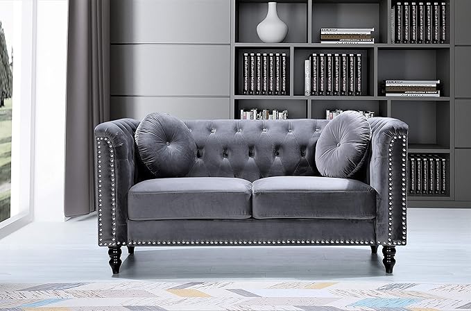 Container Furniture Direct S5370-S Kittleson Velvet Upholstered Modern Chesterfield Sofa with Nailhead Trim, Gray