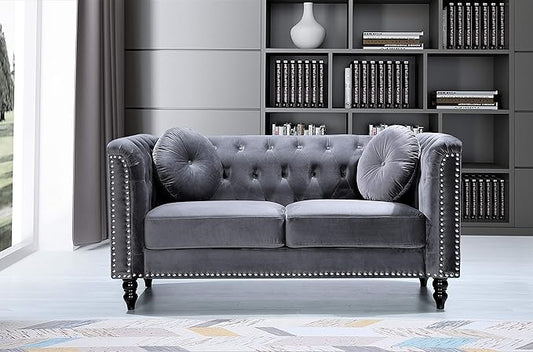 Container Furniture Direct S5370-S Kittleson Velvet Upholstered Modern Chesterfield Sofa with Nailhead Trim, Gray