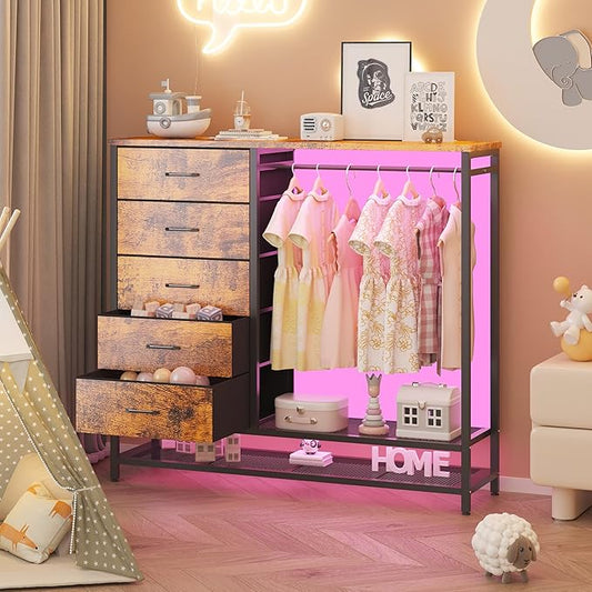 Dresser for Bedroom, Dresser with Hanging Rack Led Lights and Charging Station, Bedroom Dresser with 5 Fabric Chest of Drawers with PU Finish Storage Organizer, for Living Room Hallway Closet, Brown