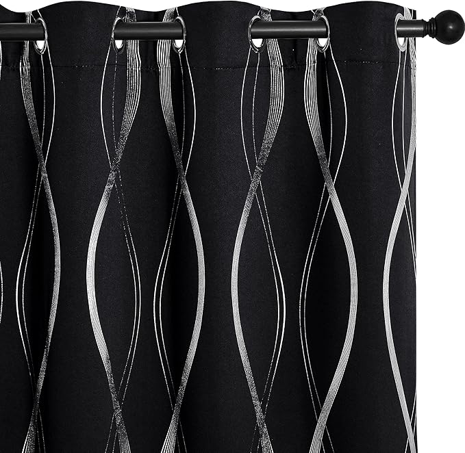 NICETOWN Black Out Curtains 54 inches Long for Small Window, 2 Panels, 42 inches Wide, Foil Printed Wave Lines Thermal Insulated Blackout Drapes for Bedroom Kitchen Loft Cafe