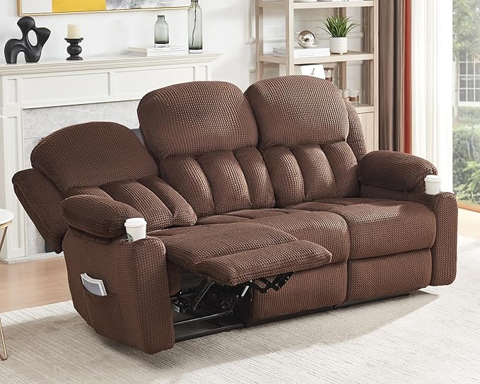 Jocisland Manual Recliner Couch, Reclining Sofa with Cup Holders, 3 Seater Reclining Couch with Dual Wingback, Comfy Recliner Sofas for Living Room(Brown)