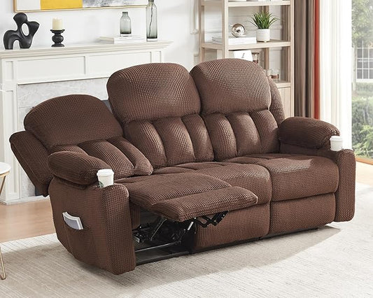 Jocisland Manual Recliner Couch, Reclining Sofa with Cup Holders, 3 Seater Reclining Couch with Dual Wingback, Comfy Recliner Sofas for Living Room(Brown)