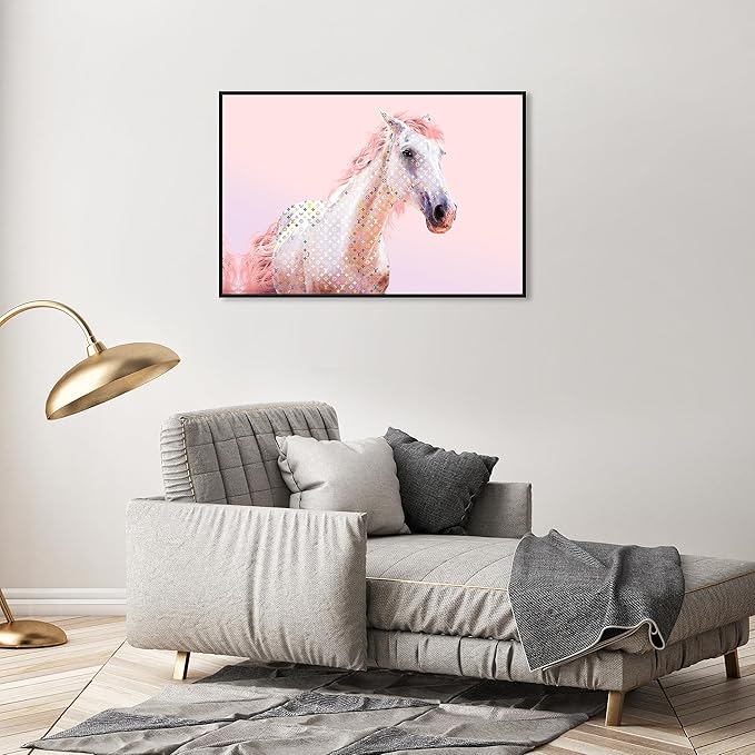 Country Farmhouse Canvas Print Painting Animal Wall Art 'Pink Glam Horse' Black Framed Canvas Rustic Home Décor 36x24 in Pink, White by Oliver Gal