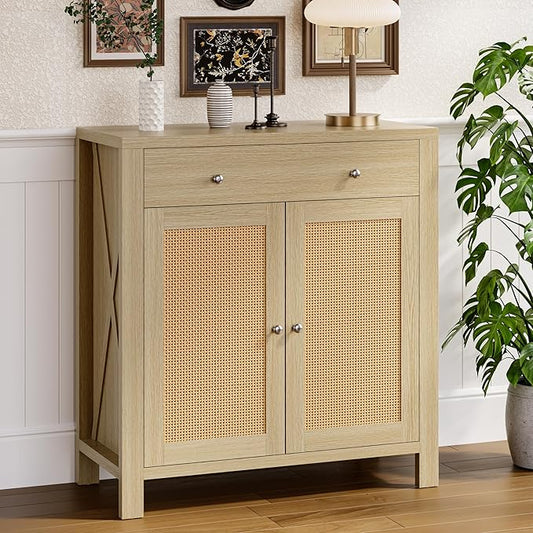 31" Sideboard Buffet Cabinet, Farmhouse Buffet Cabinet with Storage, Rattan Doors Cabinet, Multi-Functional Storage Cabinet Console Coffee Bar Cabinets for Entryway Living Room, Light Brown, 1 PCS
