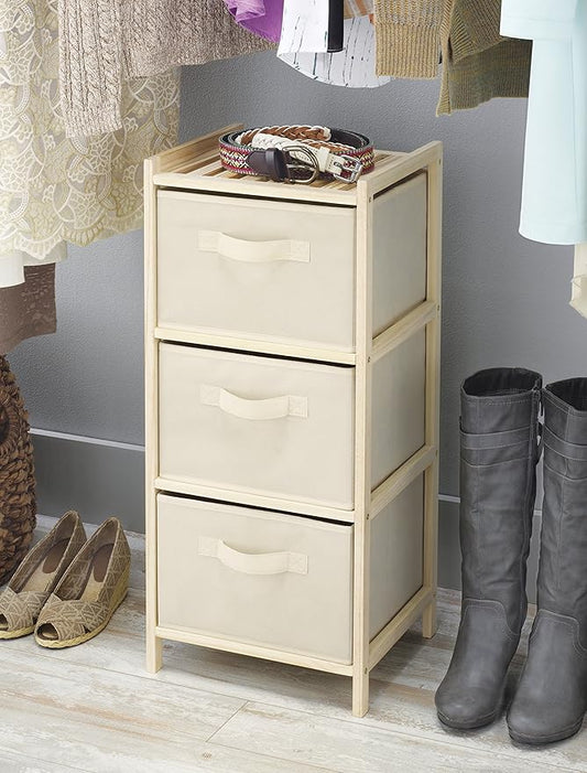 Whitmor 3 Drawer Wood Chest Organizer, Natural Pine Storage with Pull Out Fabric Bins, Easy Assembly, Compact Design for Bedroom Closet Nursery, 11.0"L x 10.0"W x 25.5"H