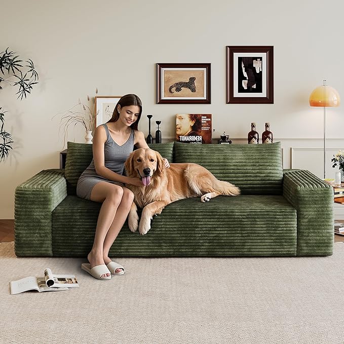 JINGLING 71" Small Couches for Small Spaces, Memory Foam Loveseat Corduroy Couch in a Box, Compressed Boneless Sofa for Living Room Bedroom, Apartment Furniture, No Assembly Required, Green