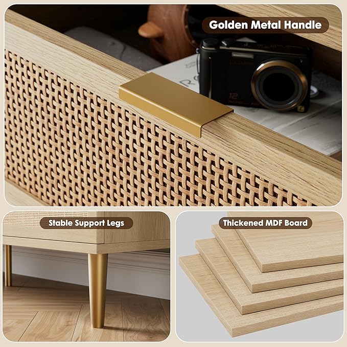 GarveeHome Rattan 8 Drawer Dressers for Bedroom, Tall Dresser with Deep Drawers, Large Chest of Drawers for Closet with Wide Top, Long Wooden Dresser for Living Room, Hallway, Kids Room, Natural
