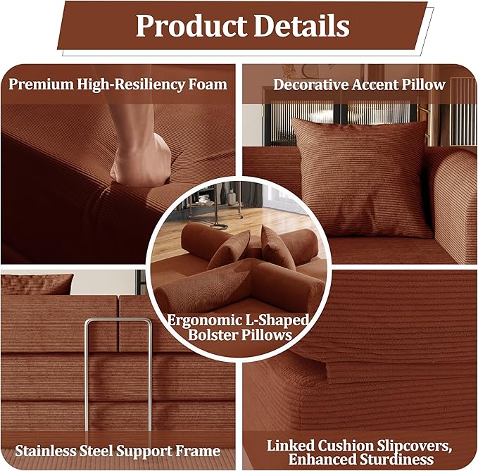 53.15'' Convertible Compressed Corduroy Folding Cloud Sofa Bed, Modern Boneless Pull Out Loveseat Sleeper in a Box, 4 in 1 Floor Mattress Futon Cloud Couch, No Assembly Needed, Orange, Pillows, Full