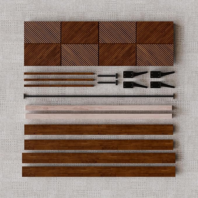Bme Rhombus King Bed Frame – Solid Rubber Wood with Geometric Rhombus Headboard, Walnut Finish, Scandinavian Modern Platform Bed with Sturdy Slats & Metal Legs, No Box Spring Needed