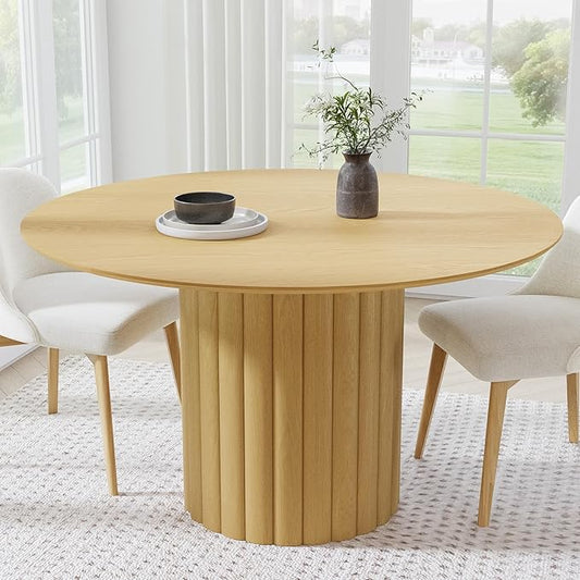 Casaphoria 52" Round Dining Table, Modern Wood Kitchen Table with Cylindrical Wide Bar Protruding Base for Living Room & Dining Room, Easy Assembly Farmhouse Furniture for 4-6, Oak
