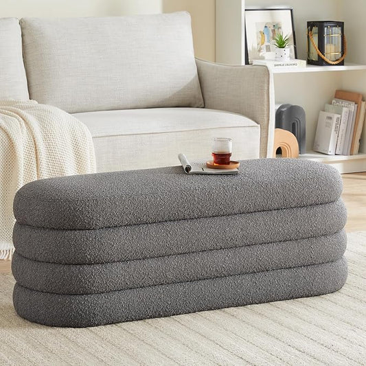 Boucle Storage Ottoman Bench for Bedroom 49.2 Inch Upholstered Modern Bedroom Bench with Storage Oval Large End of Bed Bench with Storage for Living Room, Entryway(Gray)