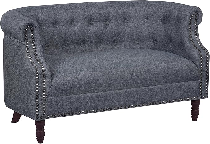 Container Furniture Direct Huton Collection Contemporary Upholstered Linen Wingback Loveseat with Solid Wood Frame and Button Tufted Details, Dark Grey