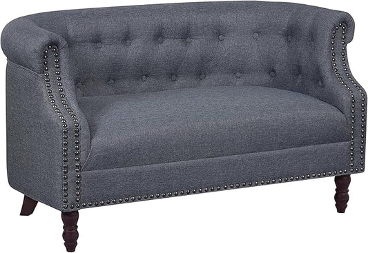 Container Furniture Direct Huton Collection Contemporary Upholstered Linen Wingback Loveseat with Solid Wood Frame and Button Tufted Details, Dark Grey