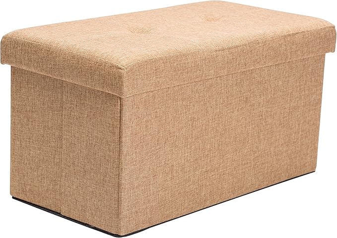 Simplify Faux Linen Folding Storage Ottoman | Double | Collapsible | Tufted Padded Seating | Foot Rest | Toy Box | Bench | Camel
