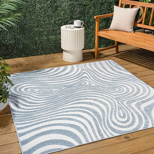 JONATHAN Y Maribo High-Low Abstract Striped Light Blue/Ivory 6x6 Square Indoor/Outdoor Area Rug, Pet Friendly, Non-Shedding, Stain Resistant, Easy-Cleaning for Backyard, Patio (SCN103C-6SQ)
