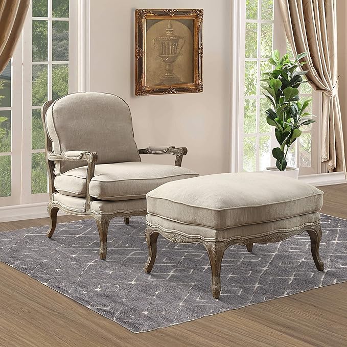 Lexicon Oak Distressed Solid Wood Accent Chair with Feather Down Seating, Natural Linen Fabric Padded Armchair for Living Room, Bedroom, Reading Room, or Sunroom, Neutral