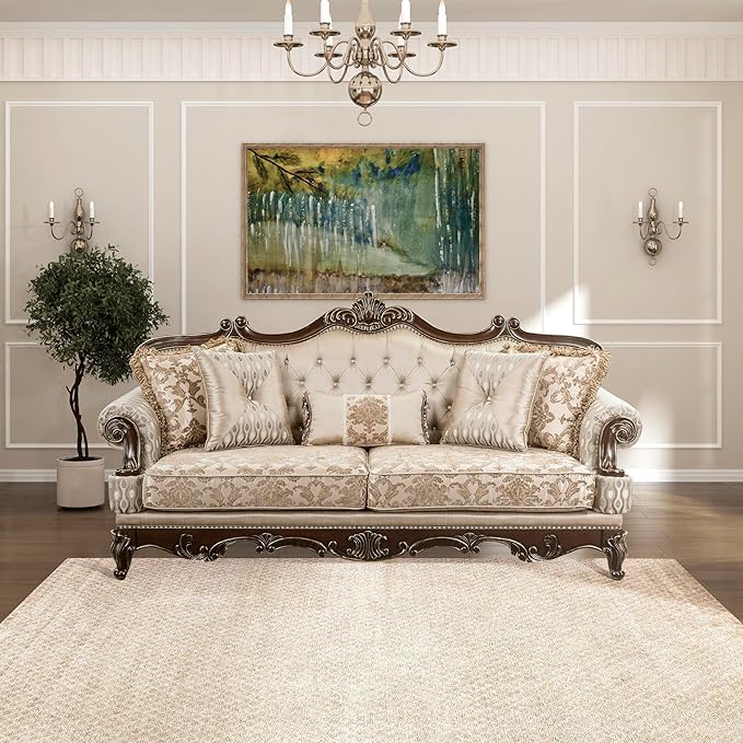 Lexicon Traditional Sofa Couch for Living Room, Rolled Arm Sofa with 5 Accent Pillows, Tufting, Queen Legs in Cherry Finish with Gold Tipping, Upholstered Living Room Furniture, 3 Seater Couch, Brown