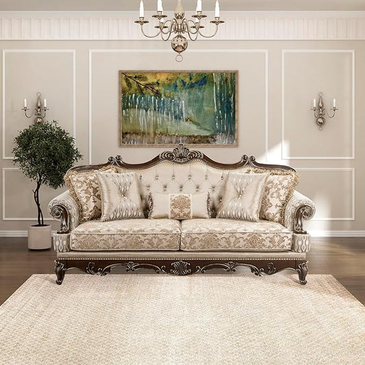 Lexicon Traditional Sofa Couch for Living Room, Rolled Arm Sofa with 5 Accent Pillows, Tufting, Queen Legs in Cherry Finish with Gold Tipping, Upholstered Living Room Furniture, 3 Seater Couch, Brown