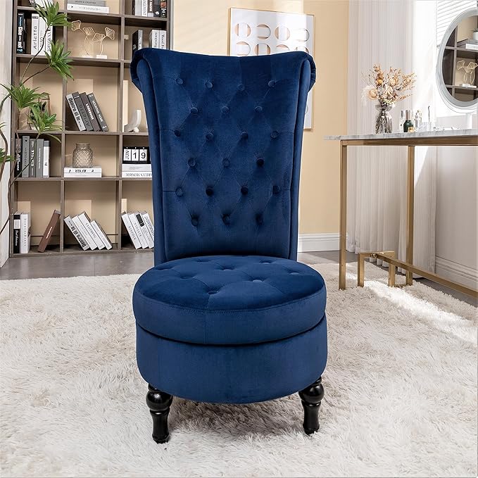 Royal High-Back Velvet Accent Chair for Vanity with Storage and Luxurious Upholstery, Retro Design and Versatile Usage for Living Room, Bedroom, Lounge and Office, Dark Blue