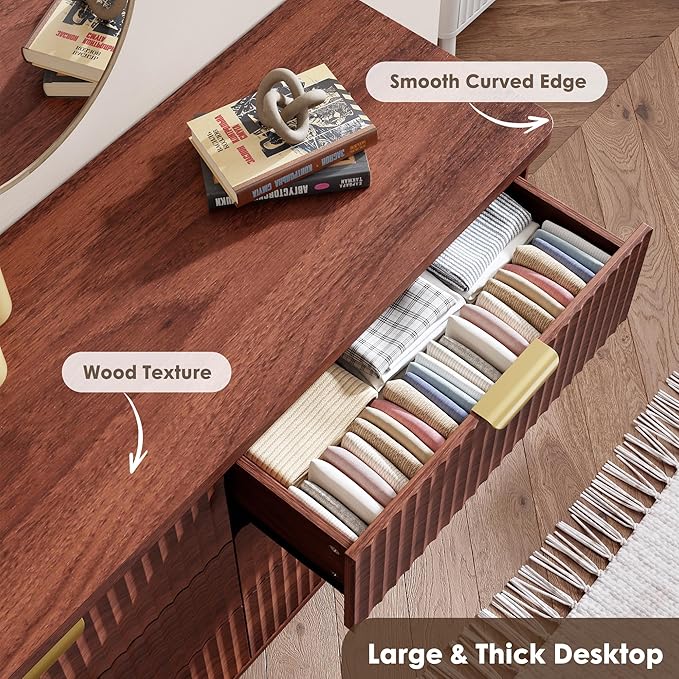 Garvee 9 Drawers Dresser for Bedroom, 60.6" Wide Dressers with Curved Profile Design, Fluted Wood Drawers with Gold Handle, Modern Chest of Dressers with Thickened Design for Living Room, Walnut