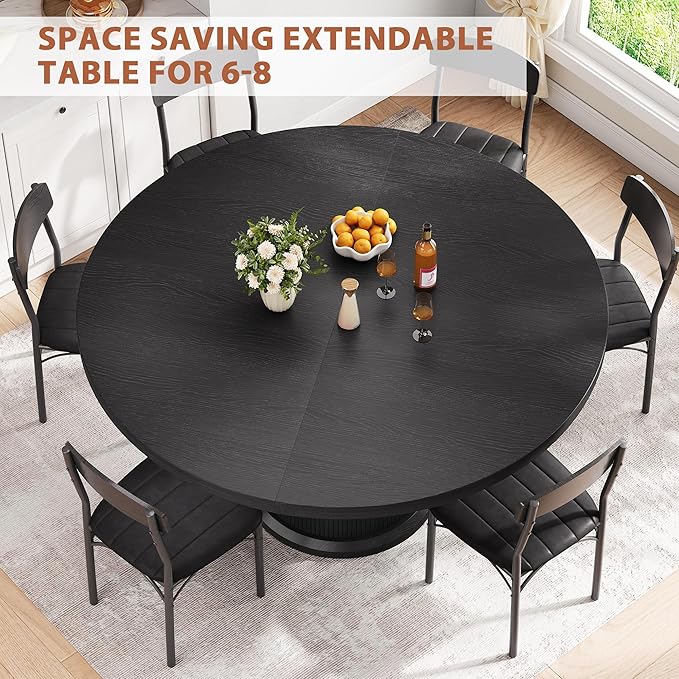 47″–63″ Extendable Round Dining Table for 4–8 with Dust-Proof 2-Tier Storage Shelf Space Saving Expandable Wood Oval Circle Dinner Furniture with Pedestal Base (Black)
