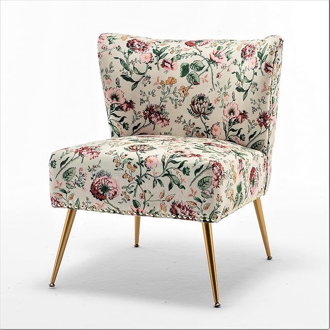 Thia Armless Accent Chair for Living Room, Elegant Seat with Nailhead Trim, Gold Metal Legs and Comfortable Curved Back, 28" D x 25" W x 29.5" H, 03 Floral Print