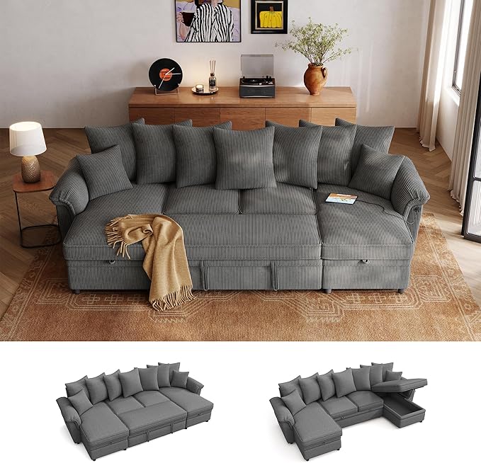 LINSY HOME Oversized Sectional Sleeper Sofa with Pull Out Couch Bed (Gray, 118.5'') | USB Charging, Pillow-style Armrest, Multiple Cushions, Storage Chaise, Corduroy Fabric
