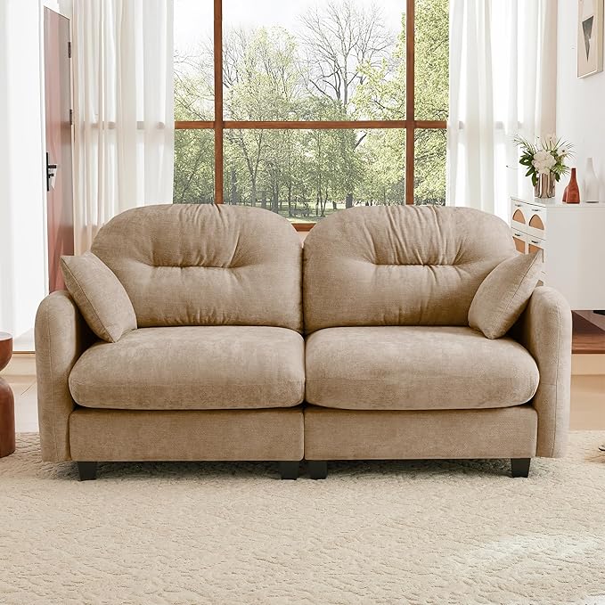 KEIKI 74" Oversized Chenille Modular Sectional Loveseat Sofa with High-Density Foam Cushions and Tufted Pleated Cushion Backrest, Upholstered 2-Seater Cloud Couch with 2 Pillow, for Living Room, Camel