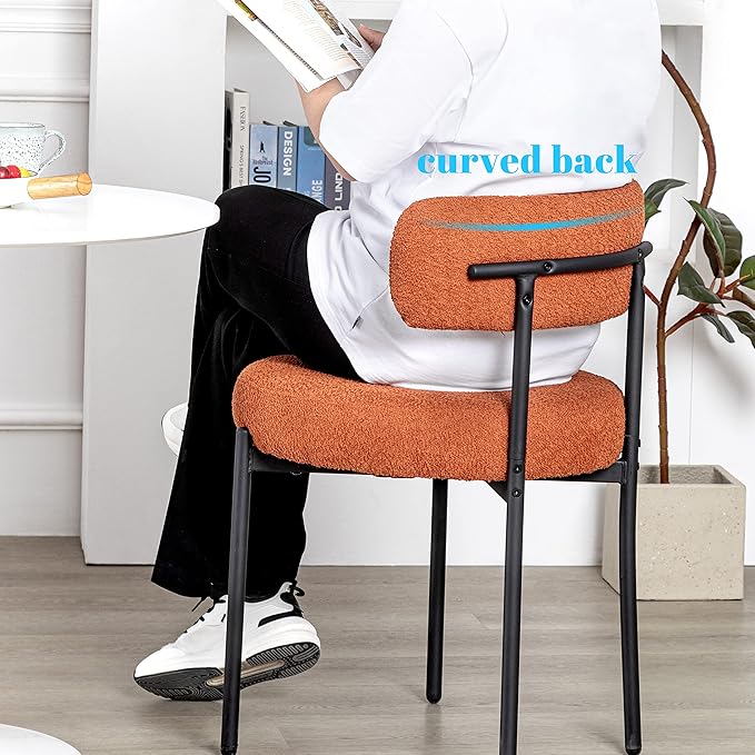 DYHOME Dining Chair One Chair for Kitchen Dining Room,Upholstered Modern Boucle Dining Chair with Black Metal Legs Curved Backrest, Orange