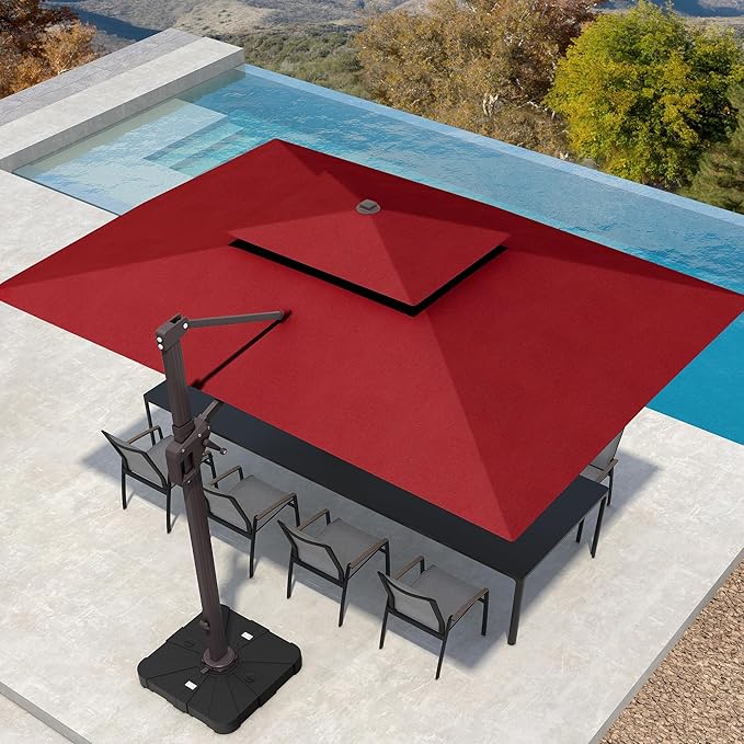 10' X 13' Patio Umbrella with Weighted Base and LED Lights Outdoor Cantilever Large Rectangle Offset Umbrellas Heavy Duty Aluminum Double Top with 360-degree Rotation for Pool Garden Deck, Red