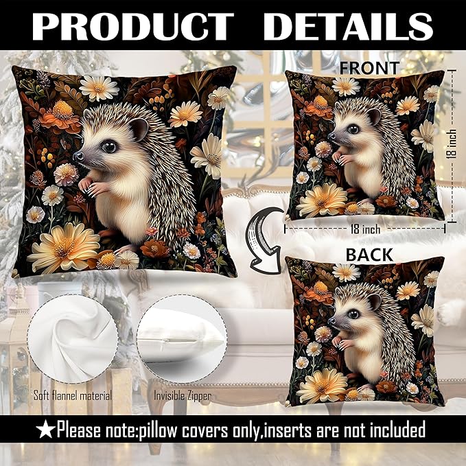 William Morris Inspired-Vintage Floral Hedgehog Pillow Covers 18x18 Set of 2, Dark Cottagecore Decor, Moody Rustic Botanical Hedgehog Wildlife Decor Pillow Covers for Home Living Room Bedroom
