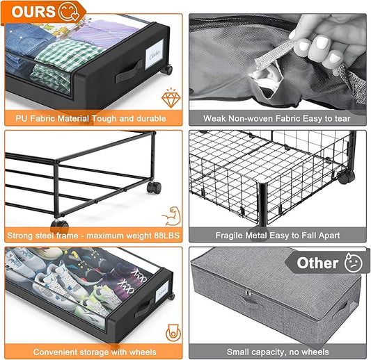 Under Bed Storage with Wheels, 4 Pack Under Bed Storage Containers with Dividers & Clear Lids, XXL 65L Under the bed storage Organizer Bins, Underbed Storage with Wheels for Clothes,Shoes,Toys - Black