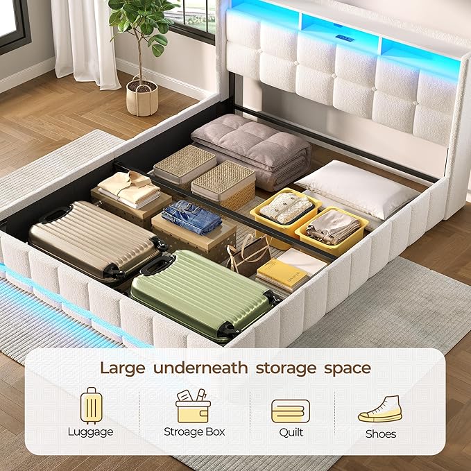 Rolanstar Bed Frame Queen Size with Lift Up Storage, Charging Station & LED Lights, Upholstered Storage Headboard, Heavy Duty Wooden Slats, No Box Spring Needed, Noise Free, Easy Assembly, Beige