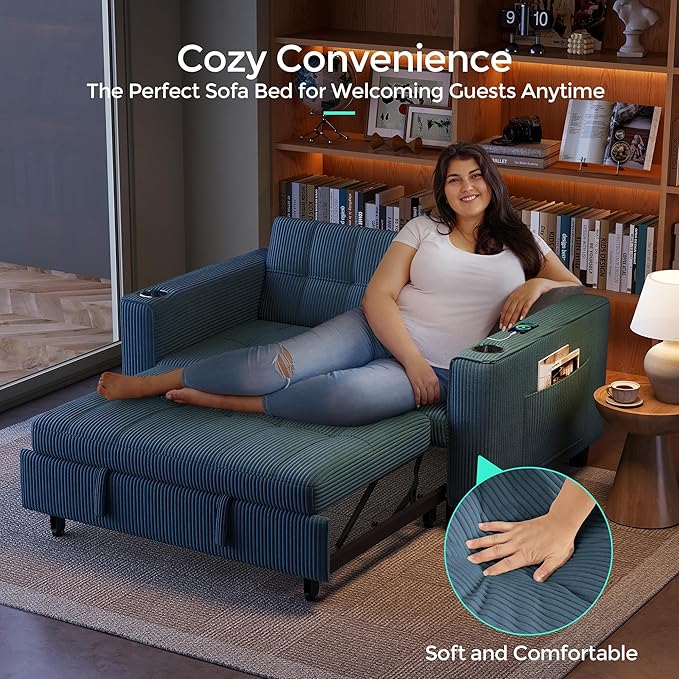 LINSY Sleeper Sofa Bed, 54" Pull Out Couch with Charging Station & Cup Holder, Small 3 in 1 Convertible Loveseat Sleeper Couch for Apartment, Dorm Room, Bedroom and Small Space, Corduroy Blue