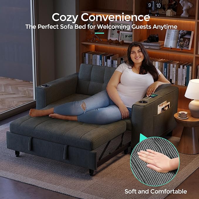 LINSY Sleeper Sofa Bed, 54" Pull Out Couch with Charging Station & Cup Holder, Small 3 in 1 Convertible Loveseat Sleeper Couch for Apartment, Dorm Room, Bedroom and Small Space, Corduroy Gray