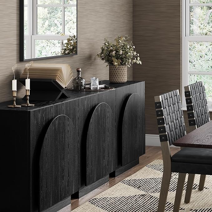 Nathan James Iris Mid-Century Modern Credenza, Black TV Stand, Living Room Wood Storage Cabinet with Arched Cabinet Doors, Black Credenza Cabinet for Kitchen or Living Room, Black Oak, Set of 3