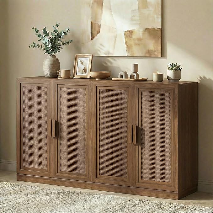Casaphoria Adam Sideboard Buffet Cabinet with Storage, Sideboard Cabinet with Rattan Doors & Adjustable Shelves, 62" W x 36" H Coffee Bar for Entryway Kitchen Living Room, Walnut