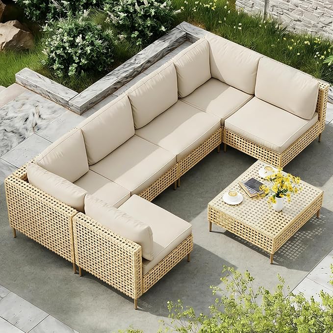 LHBcraft 7-Piece Wicker Outdoor Patio Furniture Set, Modular Rattan Outdoor Furniture, Patio Conversation Sets, Handmade Rattan, Water Resistant Fluffy Cushions and Coffee Table, Beige
