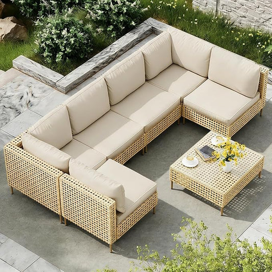 LHBcraft 7-Piece Wicker Outdoor Patio Furniture Set, Modular Rattan Outdoor Furniture, Patio Conversation Sets, Handmade Rattan, Water Resistant Fluffy Cushions and Coffee Table, Beige