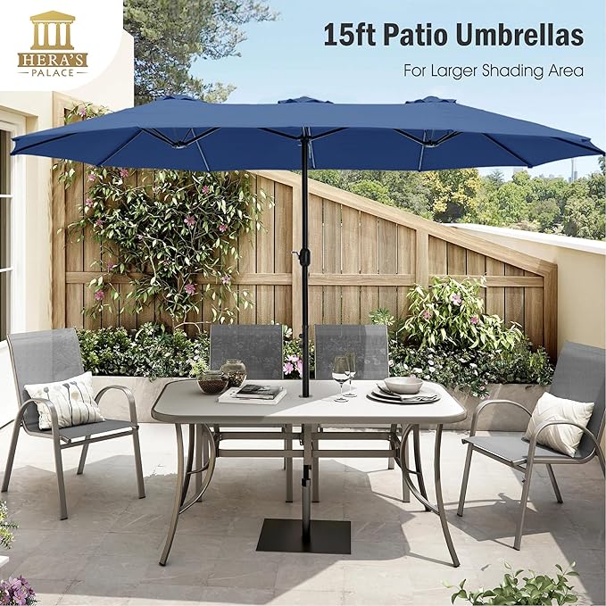 HERA'S PALACE Umbrella Patio Outdoor with Base 15ft Table Double Market Rectangle Umbrellas Clearance Large Included Stand for Deck Outside Pool Picnic Inground Yard Commercial, Haze Blue