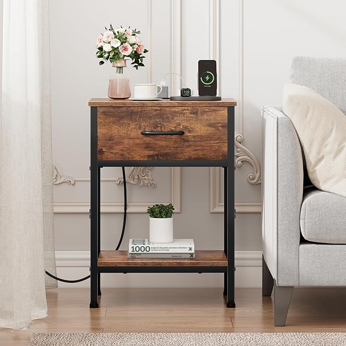 Vagusicc Nightstand with Charging Station, End Table with Fabric Drawer, Small Side Table with 2-Tier Storage Shelves, 25.4" Tall Bedside Table, Night Stand for Bedroom Living Room Dorm, Rustic Brown