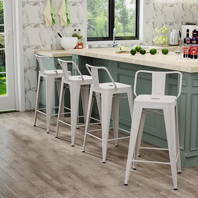 Tongli Metal Bar Stools Set of 4 Barstools Counter Height Bar Stools with Back Industrial Bar Stool Indoor Counter Stool Kitchen Island Stools Modern Bar Chair 24 inch White Cream