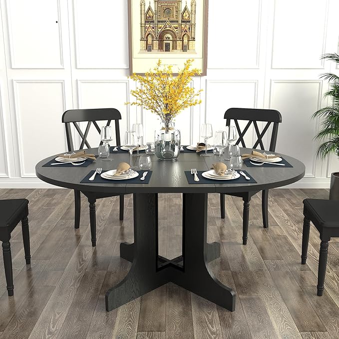 Ball & Cast Extendable Round Dining Table for 4-6,43.3-59" Transformer Kitchen Table W/Removable Leaf Trestle & X-Shaped Base,Modern Oval Extendable Dining Room Table for Small Space,Black