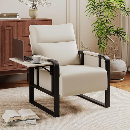 Upholstered Living Room Chair Armchair, Mid Century Faux Leather Metal Accent Chair, Reception Couch Office Guest Chair Slipper Club Lounge Single Sofa with Sidetable for Bedroom-Beige