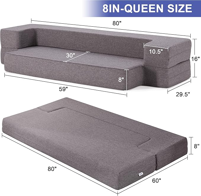 Lazyzizi Floor Sofa Bed, Convertible Sleeper Lounge Couch Folding Mattress with 2 Pillows & Washable Cover for Living Room, Guest, Playroom, Queen