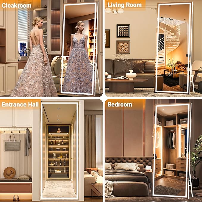 79" x 36" Full Length Mirror with Lights, Large LED Lighted Floor Standing Body Mirror, Dimmable & 3 Color Lighting for Bedroom, Cloakroom, Dressing Room, Tempered Glass, Black Frame